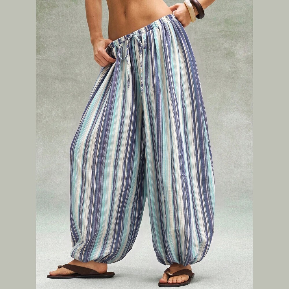 Blue White Striped Drawstring Waist Balloon Leg Harem Pants